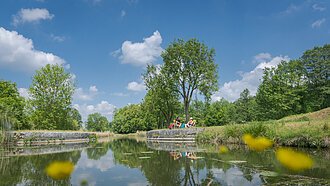 Am Ludwig-Donau-Main-Kanal der mittig fließt, haben es sich ein Pärchen am rechten Ufer in Liegestühlen gemütlich gemacht. Rechts und links stehen Bäume, der Himmel strahlt in blau.