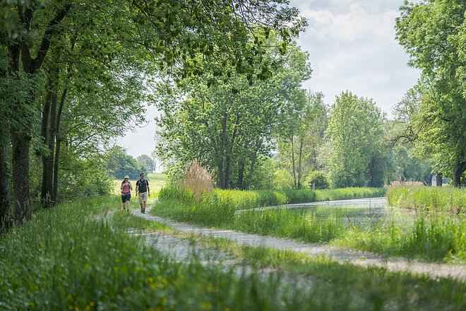 Auf der linken schattigen Seite sind zwei Wanderer unterwegs. Rechts von ihnen fließt der Ludwig-Donau-Main-Kanal entlang.