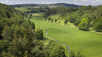 Tal mit grünem Gras, Bäumen, kleinem Bach und Dorf im Hintergrund unter blauem Himmel
